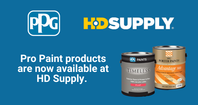 Logo of PPG Paints with two cans of paints positioned to the right of logo.