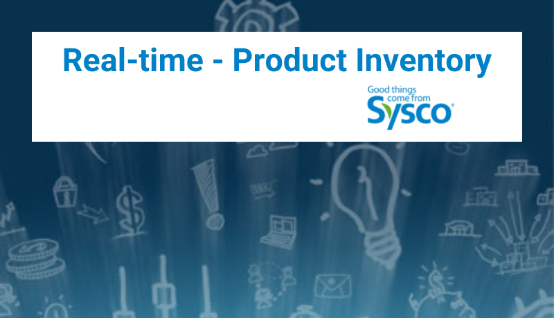 Logo of Sysco Real Time product Inventory, over a gray and blue background with business type graphics.