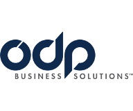 Logo of ODP Business Solutions on a white background and blue and gray letters.